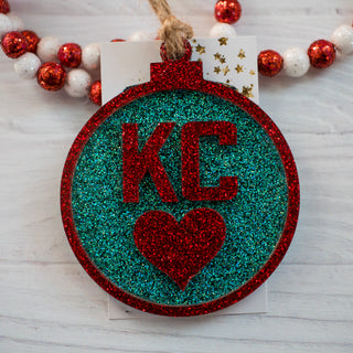 KC Heart Teal & Red Glitter Ornament