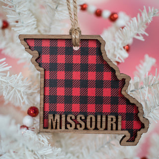 Missouri State Ornament - Red Buffalo Check