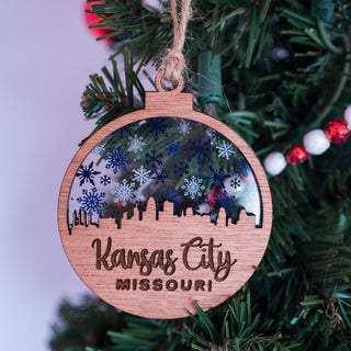 Kansas City Missouri Skyline Ornament with Blue Snowflakes