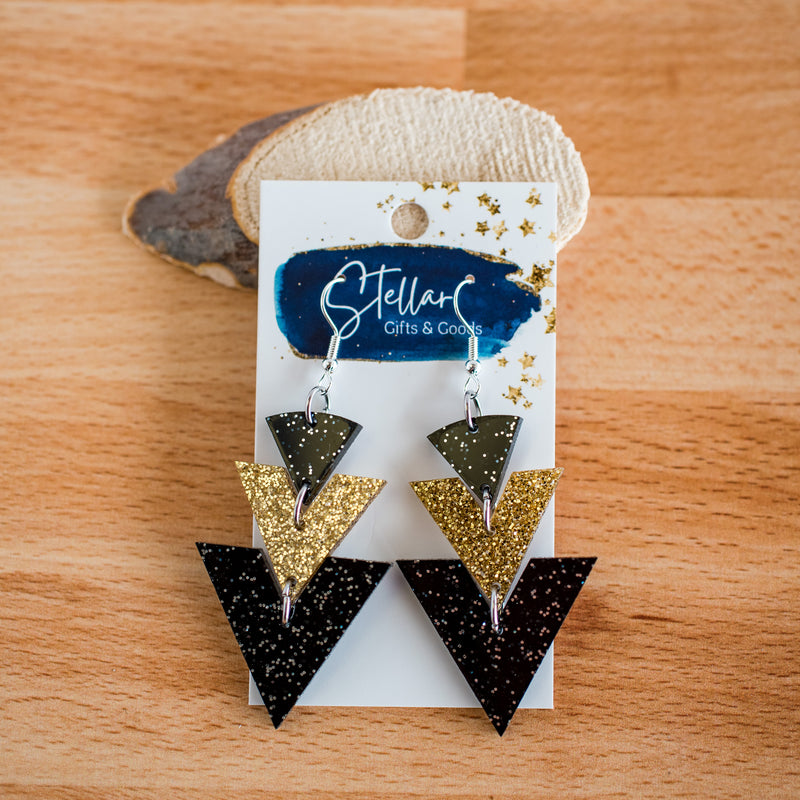 Black and Gold Triple Triangle Drop Dangles