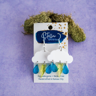Green & Blue Glitter Rain Cloud Dangles