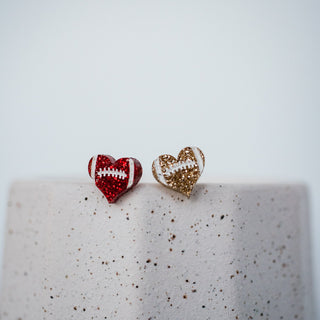 Red & Gold Glitter Hand Painted Football Heart Studs