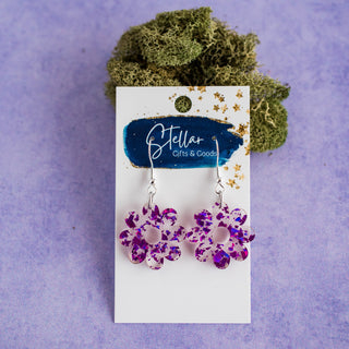 Petite Purple Glitter Flake Daisy Dangles