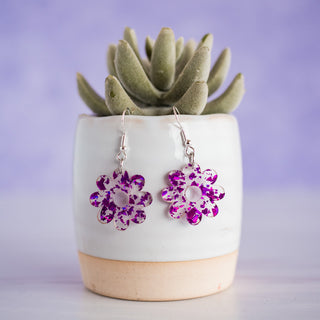 Petite Purple Glitter Flake Daisy Dangles 2