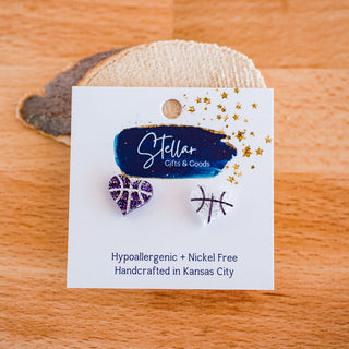 Purple & White Glitter Hand Painted Basketball Heart Studs