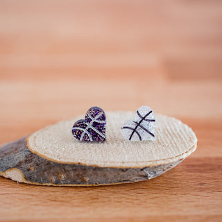 Purple & White Glitter Hand Painted Basketball Heart Studs