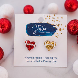 Red & Gold Glitter Hand Painted Football Heart Studs