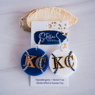 Hand Painted Blue & White KC Baseball Double Layered Dangles