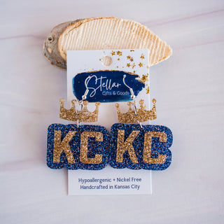 Blue & Gold Glitter KC Crown Double Layered Drop Dangles