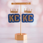 Blue & Gold Glitter KC Crown Double Layered Drop Dangles