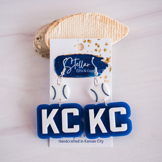 Hand Painted Blue & White KC Baseball Double Layered Drop Dangles