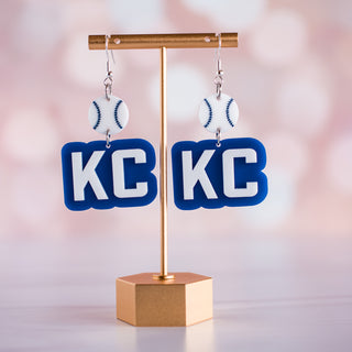 Hand Painted Blue & White KC Baseball Double Layered Drop Dangles