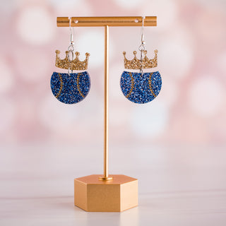 Hand Painted Blue & Gold Glitter Petite Crown Baseball Dangle Earrings
