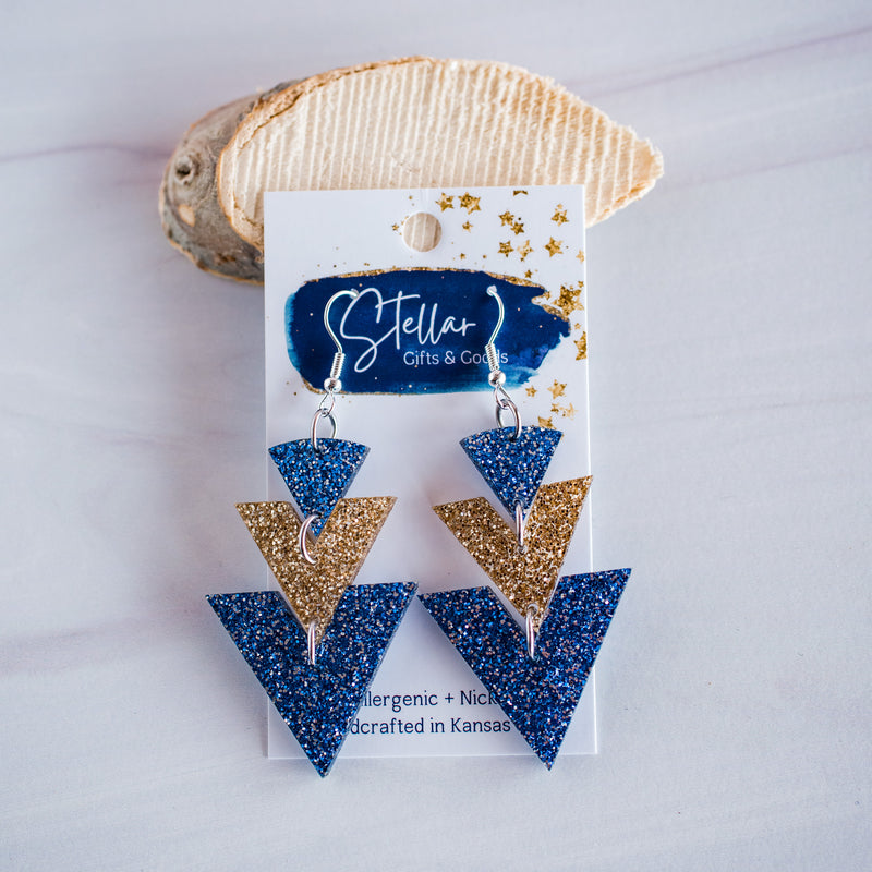 Blue & Gold Glitter Triple Triangle Drops
