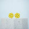 neon yellow and white acrylic pickleball stud earrings