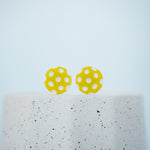 neon yellow and white acrylic pickleball stud earrings